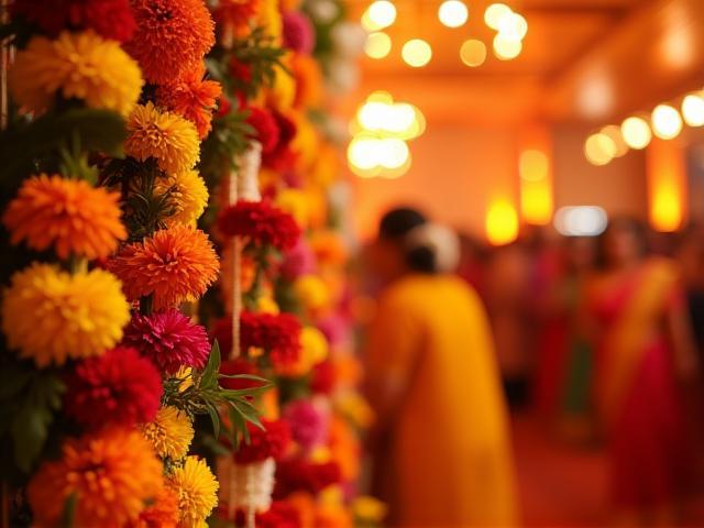 फूलों से सजाए गए एक पारंपरिक भारतीय समारोह का दृश्य